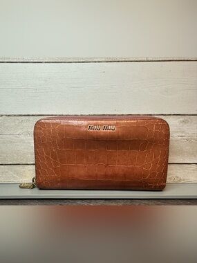 Miu Miu Brown Croc-Embossed Zip Wallet